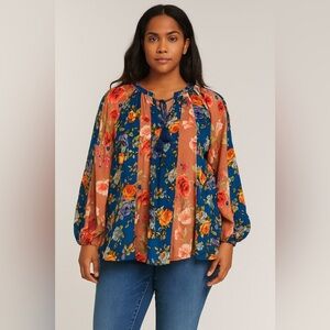 Tolani Floral Silk Tassels Long Sleeve‎ Blouse NWT Size XL